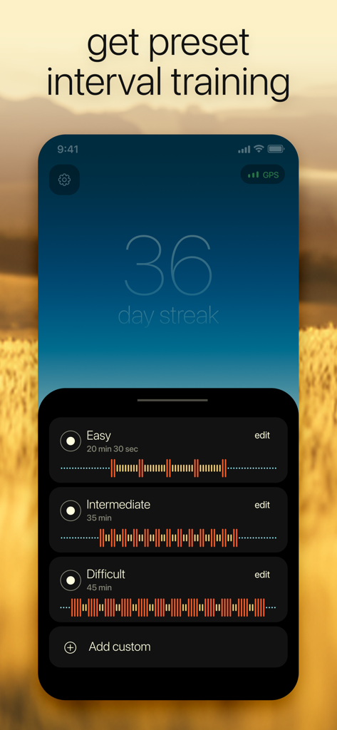Walking Distance Tracker - Aplicación Vima Walking que muestra niveles de entrenamiento por intervalos preestablecidos y una racha de actividad de treinta y seis días.