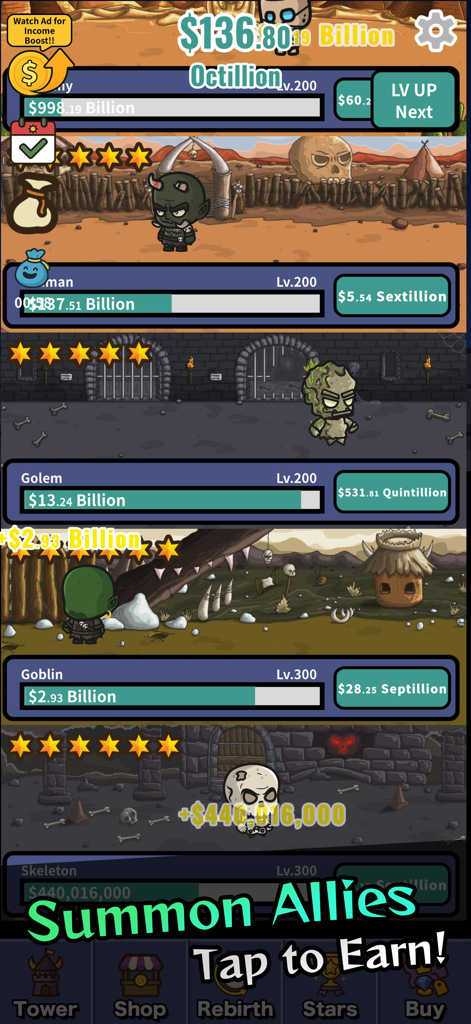 Idle Demon Tower: Monster RPG - Tela de jogo de Idle Demon Tower mostrando lacaios monstros e barras de progresso de ganhos.