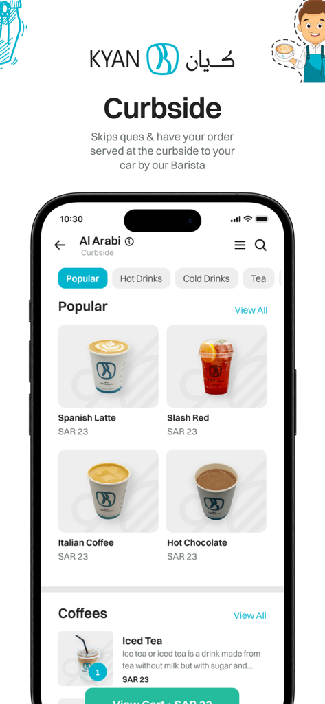Kyan - Interfaccia dell'app Kyan che mostra l'opzione di ritiro in curbside e un menu di bevande come Spanish Latte e Italian Coffee.