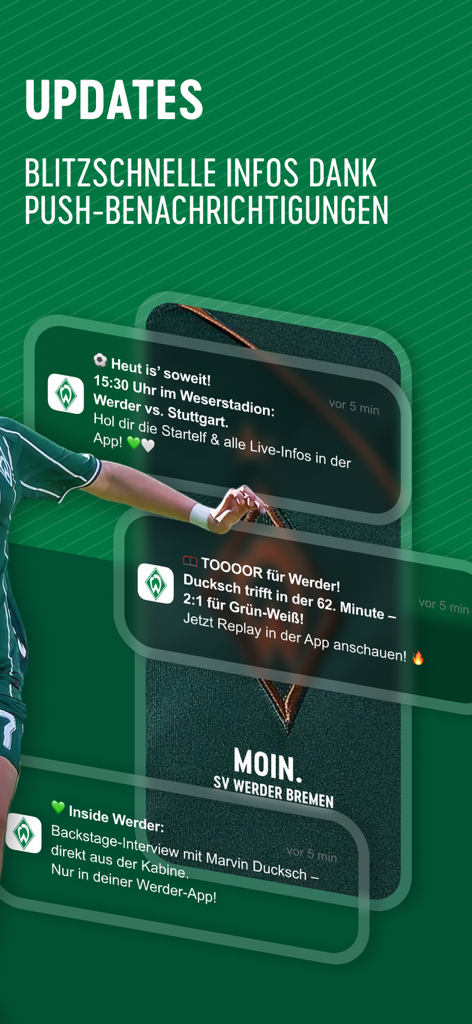 SV Werder Bremen - Screenshot degli avvisi di notifica push sull'app SV Werder Bremen per aggiornamenti delle partite e notizie della squadra
