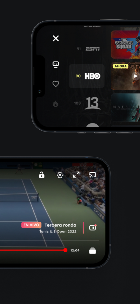 Zapping mobile app interface displaying live sports and VOD movie catalog