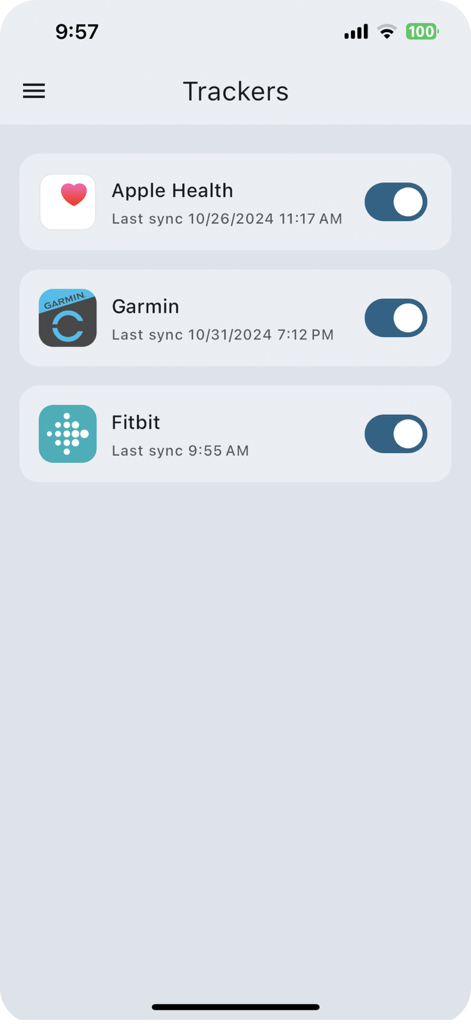Count.It Journey - Fitness tracker integration screen in Count It Journey showing Apple Health Garmin and Fitbit sync options