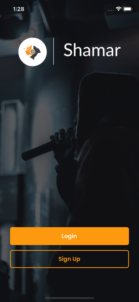Shamar - Login and sign up screen for the Shamar app featuring a performer with a microphone in the background