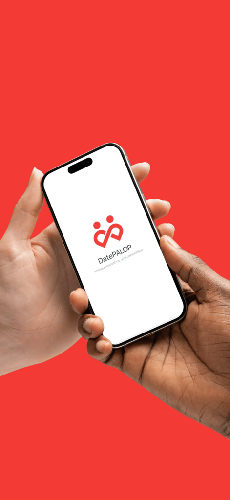 DatePALOP - Two hands holding a smartphone displaying the DatePALOP logo on a red background
