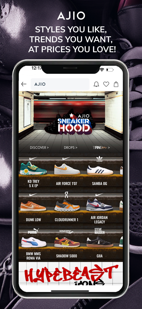 AJIO app Sneaker Hood page displaying various trending sneakers