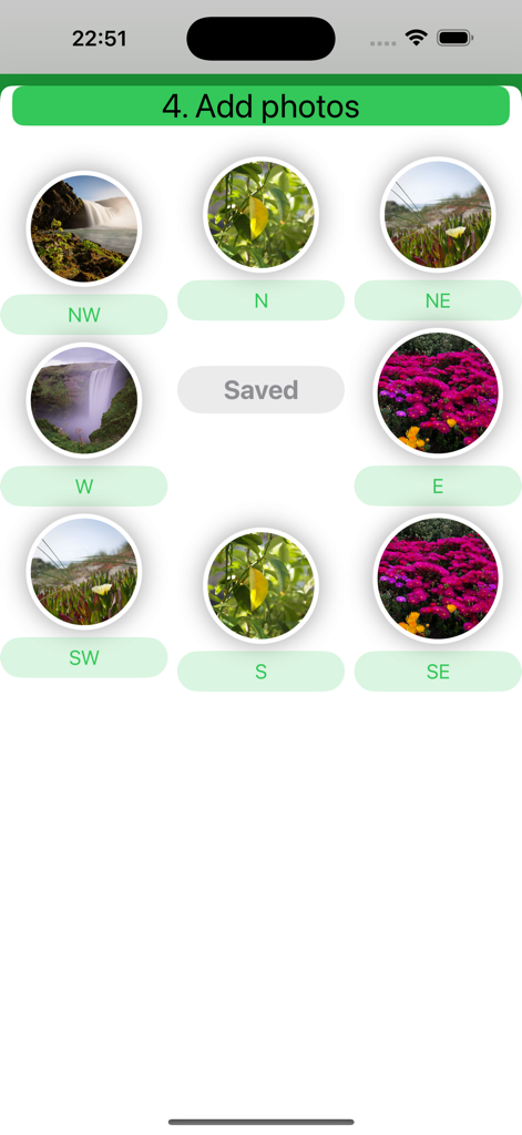 Interface of a garden feng-shui app showing photos organized by cardinal directions like North, East, and West.