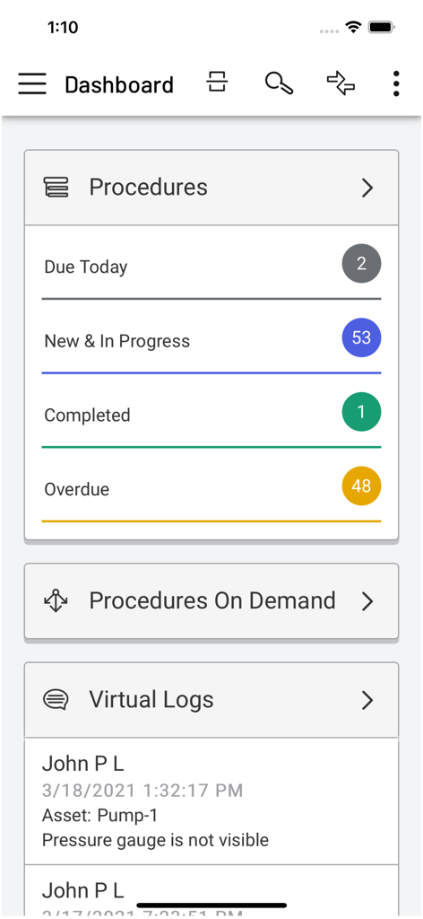 O painel principal do aplicativo Operador Móvel 2020 mostrando seções de procedimentos e logs virtuais.
