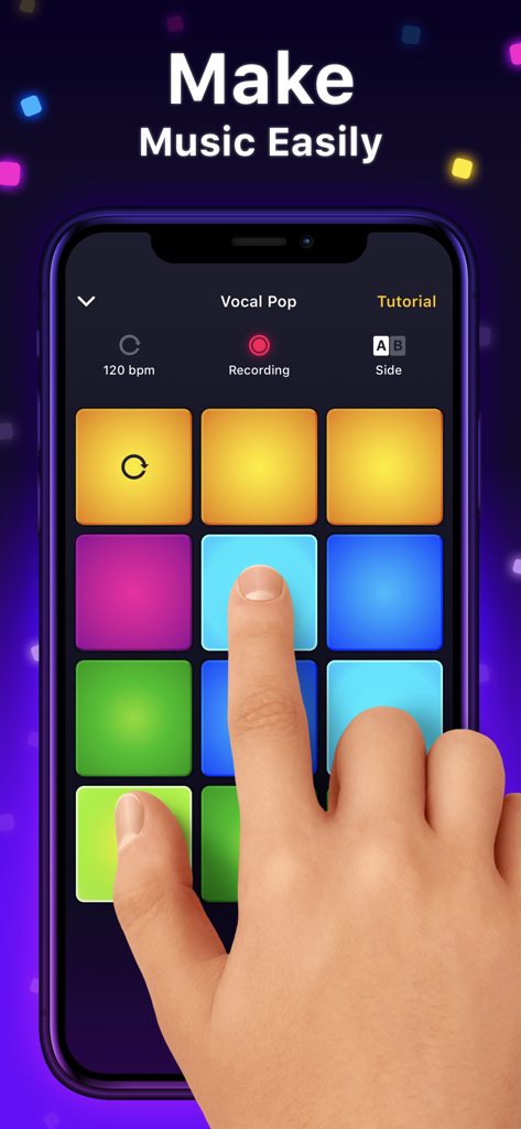 Drum Pad Machineアプリのインターフェースで、カラフルなパッドを叩いて音楽ビートを作成している手。