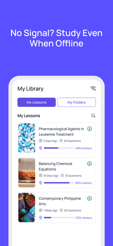 Quizgecko: AI Flashcards - A mobile app screen showing the offline study feature of Quizgecko with a library of downloadable lessons for medical, chemistry, and arts subjects.