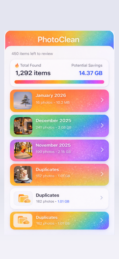 AI 사진 정리 인터페이스로, 잠재적인 저장 공간 절약 및 날짜별 갤러리 정리를 보여줍니다.