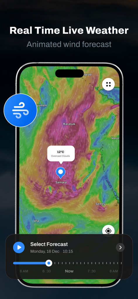 Una interfaz móvil que muestra un mapa animado de pronóstico de viento con una superposición de temperatura y condiciones meteorológicas locales para Samara