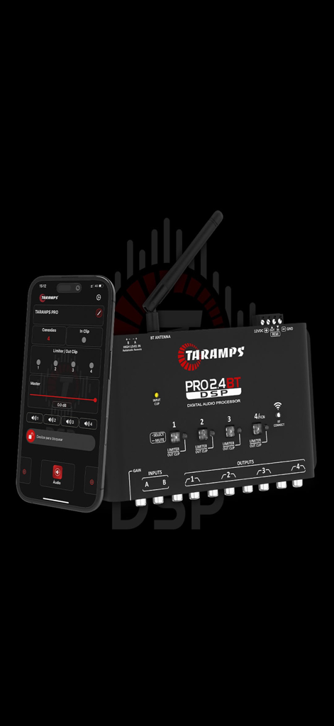 Taramps Pro - Taramps Pro app on an iPhone next to the Pro 2.4 BT digital audio processor unit