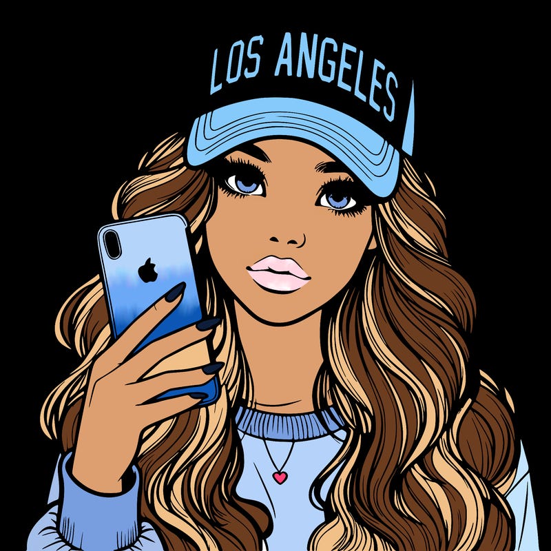 realistic beautiful girl wearing los ángeles cap holding an iphone