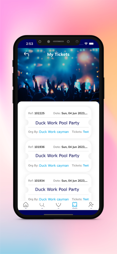 The My Tickets screen in the TicketsPlus Attendee app displaying digital tickets for a pool party in the Cayman Islands.