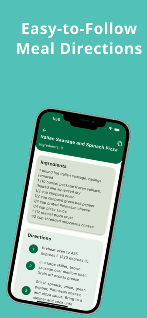 Interfaz de la aplicación Chef IA que muestra los ingredientes y las instrucciones numeradas para una receta de pizza