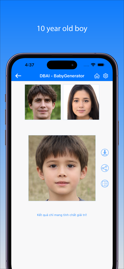 Prédiction IA du visage d'un garçon de 10 ans utilisant des photos des parents dans BabyGenerator.