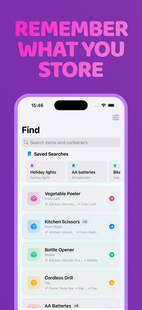 FееtFiηdеr Inventory app - Mobile app screenshot showing the search screen of the FeetFinder Inventory app with a list of household items like kitchen scissors and tools