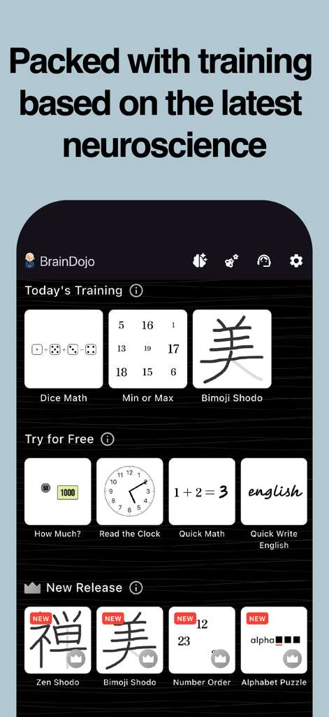 BrainDojo: Brain Training Game - Interfaz de la aplicación BrainDojo que muestra actividades de entrenamiento cognitivo como matemáticas y escritura basadas en neurociencia.