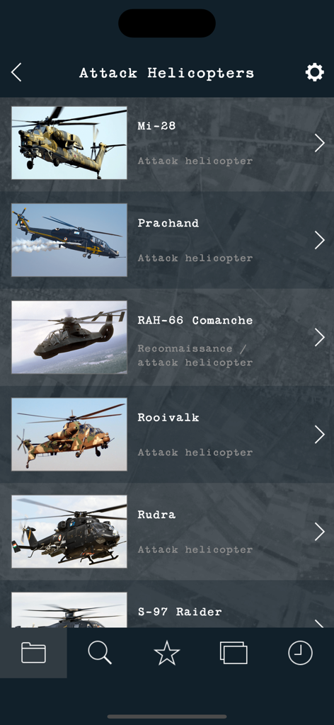 A list of attack helicopters including the Mi-28 and Comanche in the Modern Military Aircraft app
