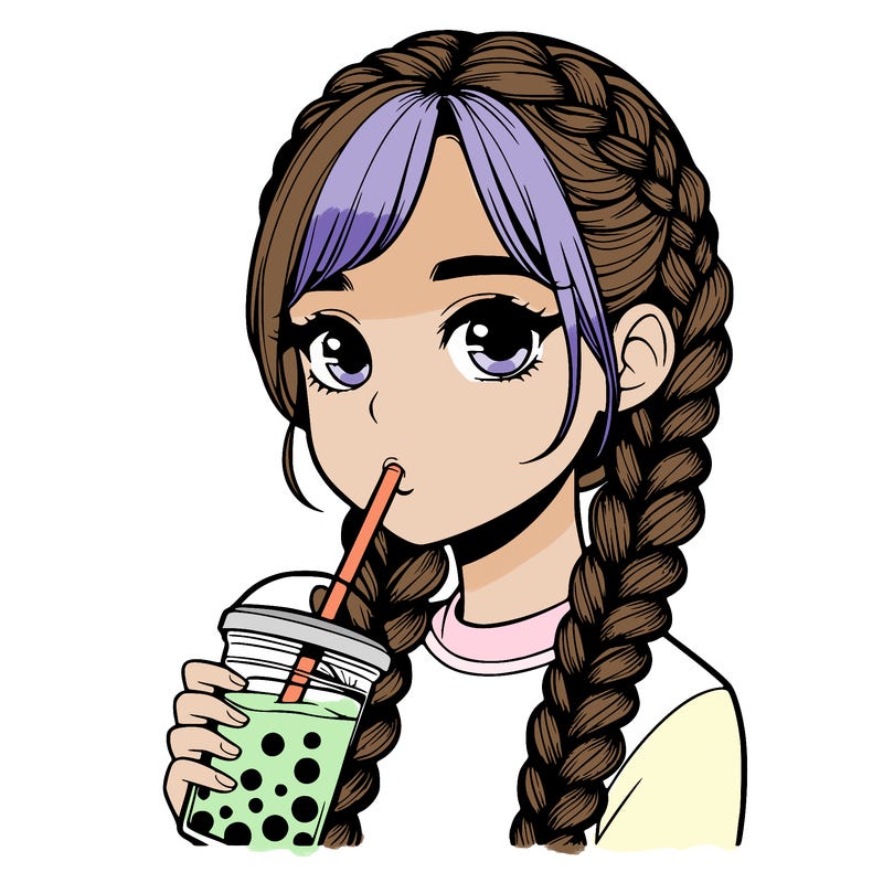 realistic girl with braided hair drinking boba