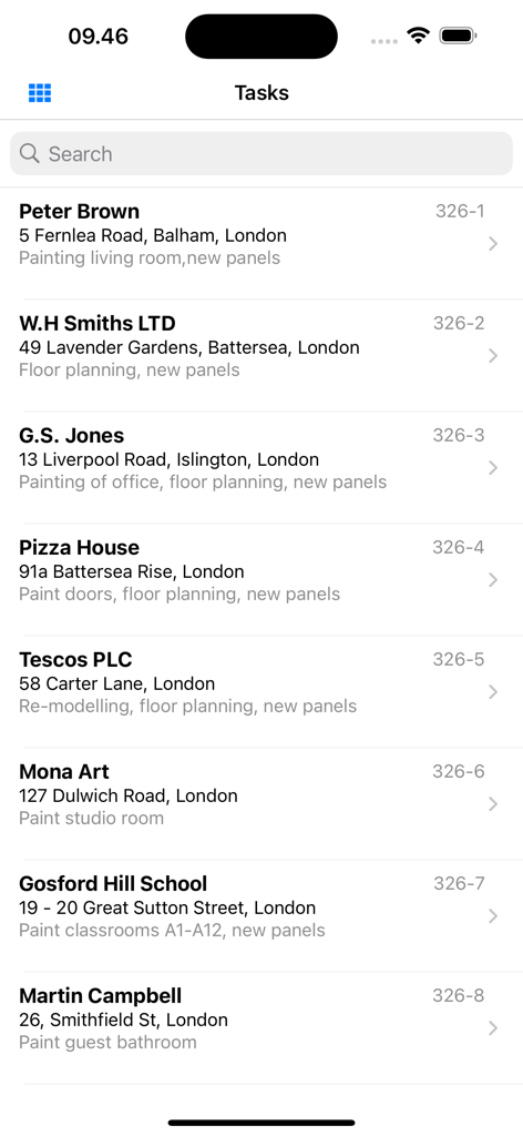 EG CrossPad - ASPECT4 - Interface de liste des tâches dans l'application EG CrossPad ASPECT4 montrant les noms des clients, les lieux des projets et les descriptions des travaux