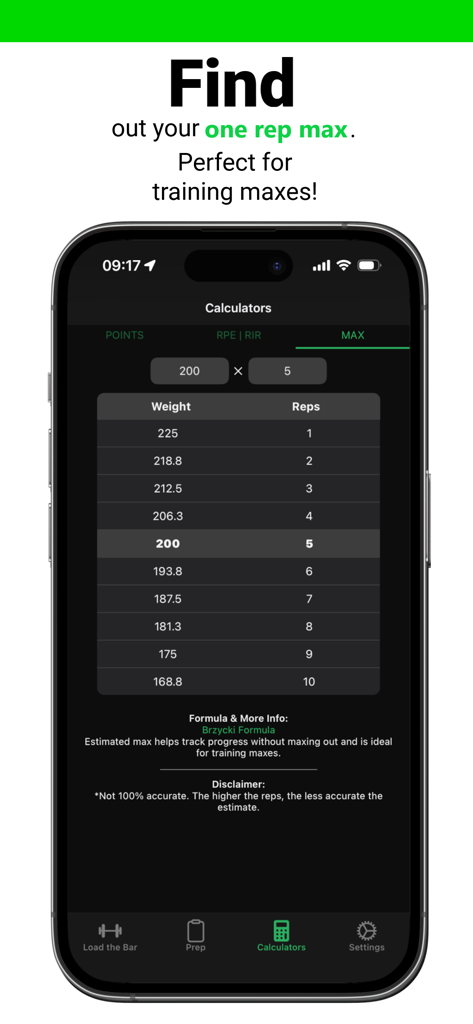 Bar Is Loaded - Gym Calculator - One rep max calculator interface displaying estimated weights for various repetition ranges
