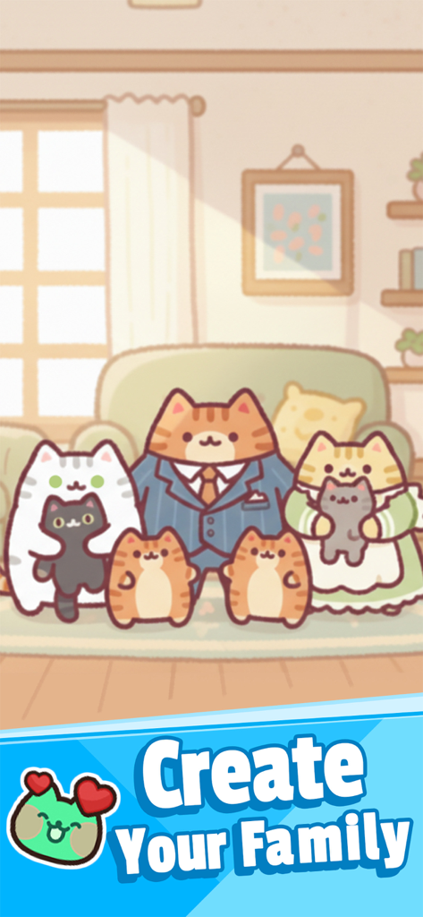 Cat's Life : Cute Simulation - Un grupo de lindos gatos antropomórficos posando como una familia en una acogedora sala de estar con el texto Crea Tu Familia