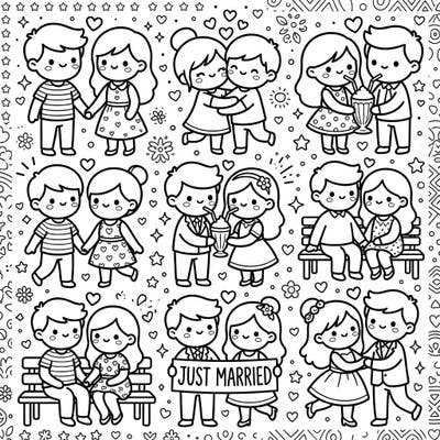 Dive into a world of sweetness with our Kawaii Married Couples coloring page, perfect for celebrating love in the cutest way. This delightful design features charming duos in various tender moments, ready for your creative touch.