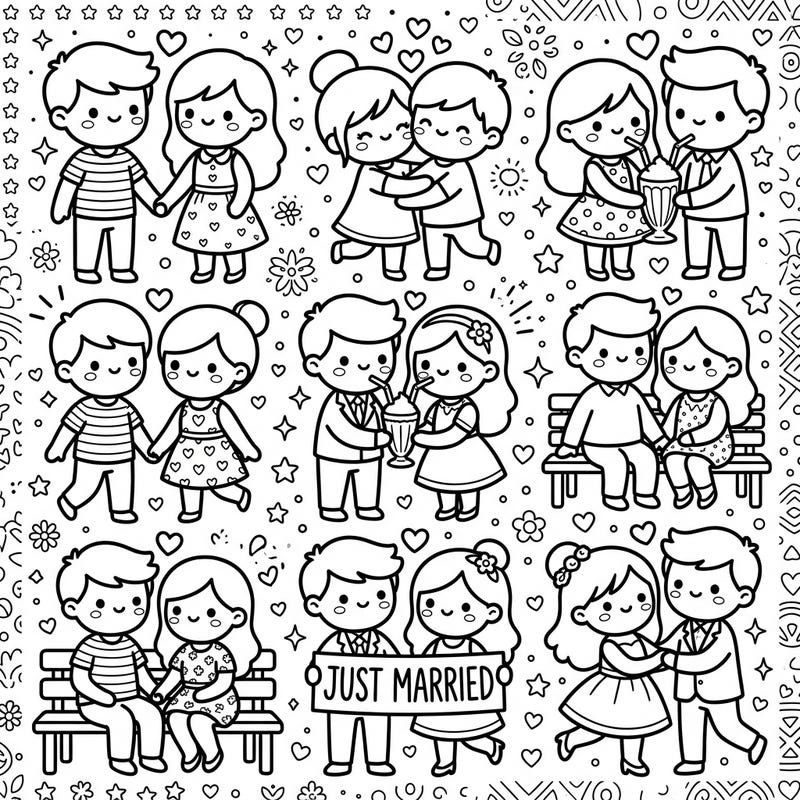 Dive into a world of sweetness with our Kawaii Married Couples coloring page, perfect for celebrating love in the cutest way. This delightful design features charming duos in various tender moments, ready for your creative touch.