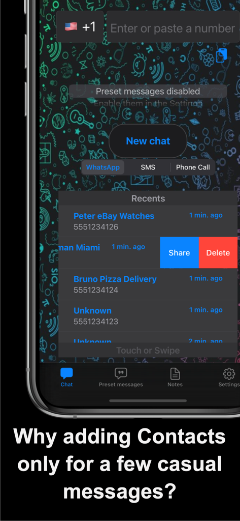 Interfaccia dell'app DirectChat Messenger che mostra un elenco di contatti recenti a cui è stato inviato un messaggio senza salvarli nella rubrica del telefono