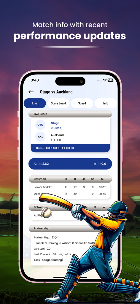 Live Cricket TV- HD Streaming. - A mobile app interface showing a live cricket scorecard with match statistics and player performance