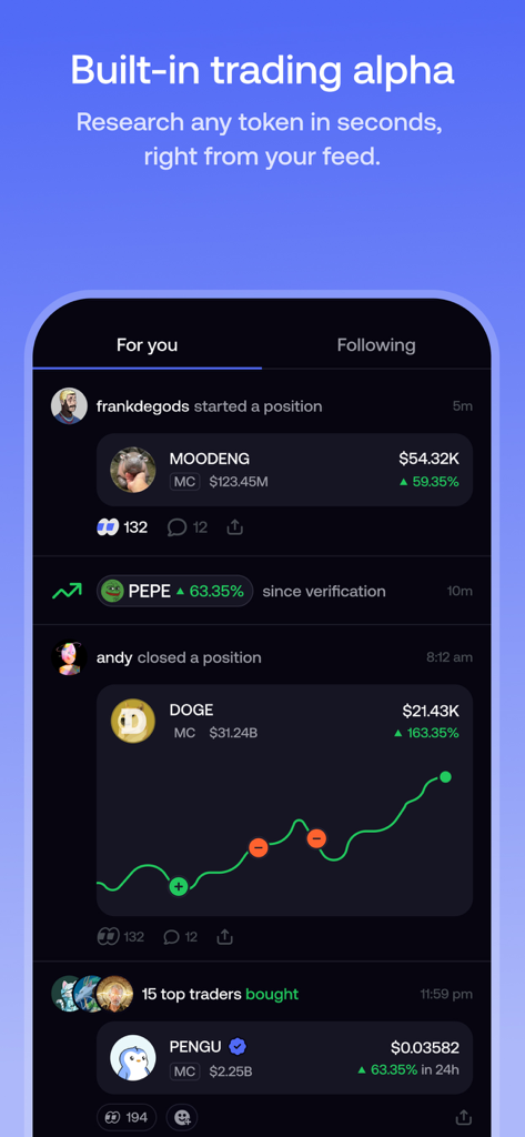 Social feed of the fomo app showing real-time crypto trading activity and token performance charts