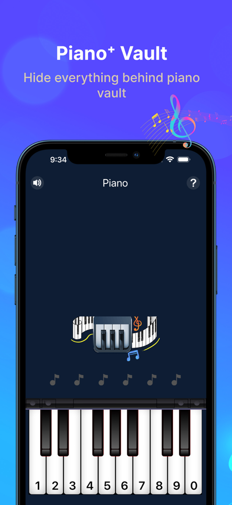 Piano⁺ Vault - Hide Photos - Piano Vault app interface featuring a secret PIN entry keyboard disguised as a musical piano