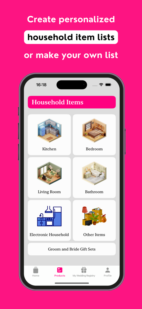 MeMarry: Wedding Planner - A mobile interface for MeMarry app showing organized household item categories like Kitchen, Bedroom, and Living Room for wedding preparation.