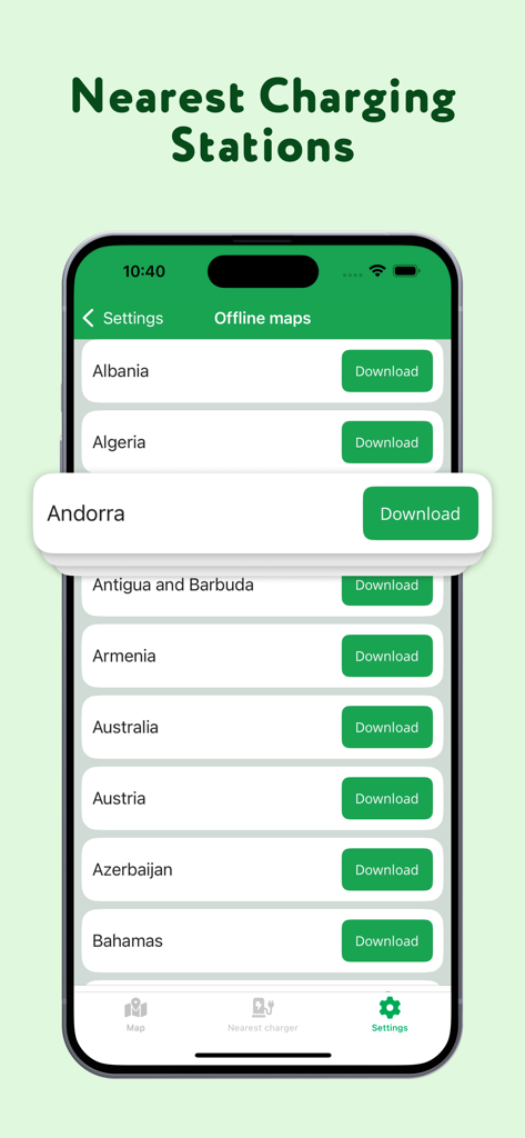 Tela do aplicativo de carregamento de VEs para download de mapas offline por país