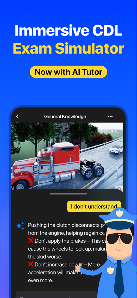 CDL Prep Practice Test Genie - Immersive CDL exam simulator interface featuring an AI tutor and truck driving scenarios.