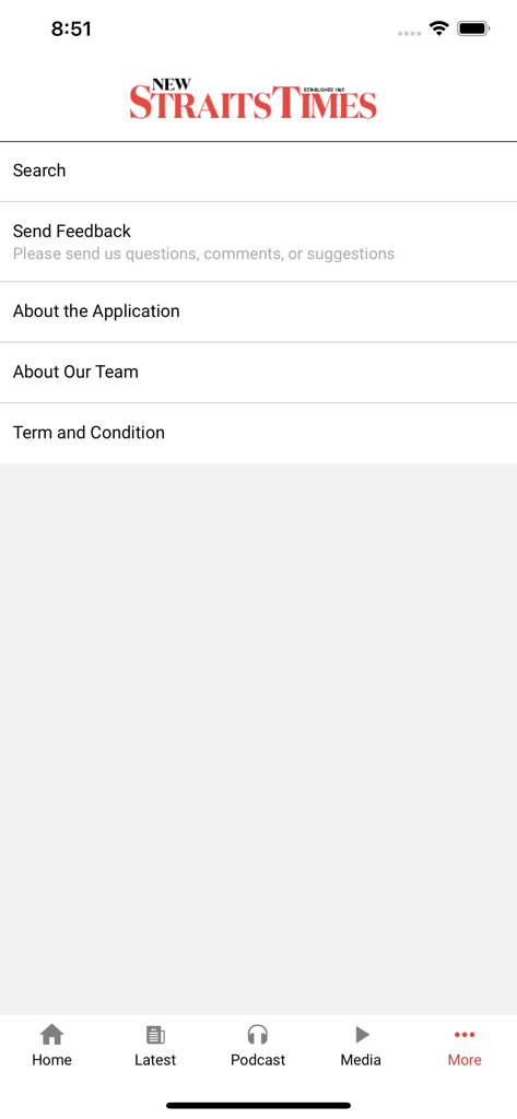 La sezione Altro dell'app mobile New Straits Times con link per feedback di ricerca e informazioni sul team