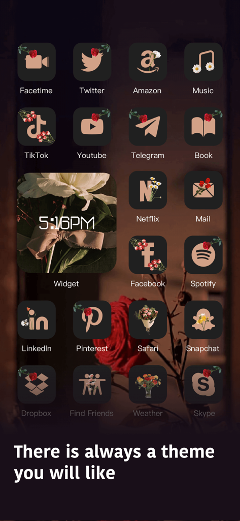 Aesthetic iPhone home screen featuring a dark floral theme with customized app icons and matching clock widget