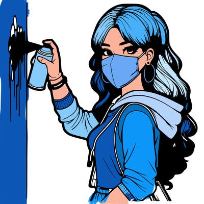 realistic girl with mask spray painting a wall