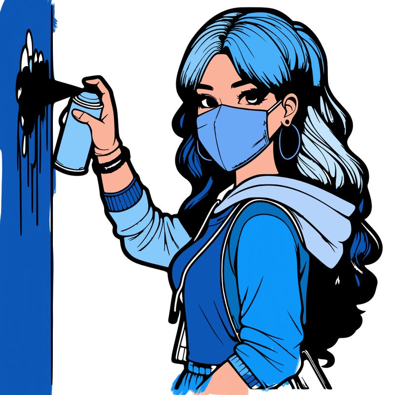 realistic girl with mask spray painting a wall