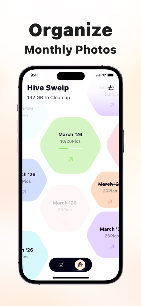 Clear Nest app interface showing a monthly photo cleanup feature with hexagonal tiles for different months