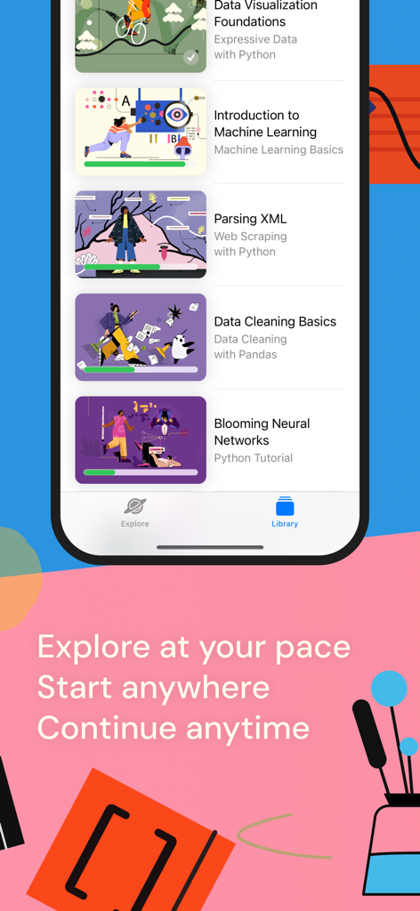Learn to Code – Tinkerstellar - Tinkerstellar App-Bibliotheks-Oberfläche mit verschiedenen Python-Kursen für Machine Learning und Data Science.