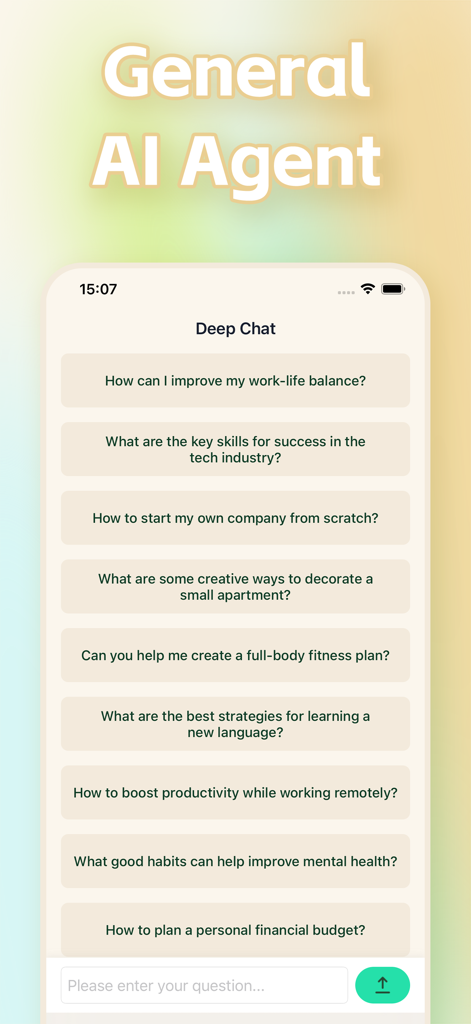Munas app screen displaying a General AI Agent interface with deep chat prompt suggestions for career and personal growth