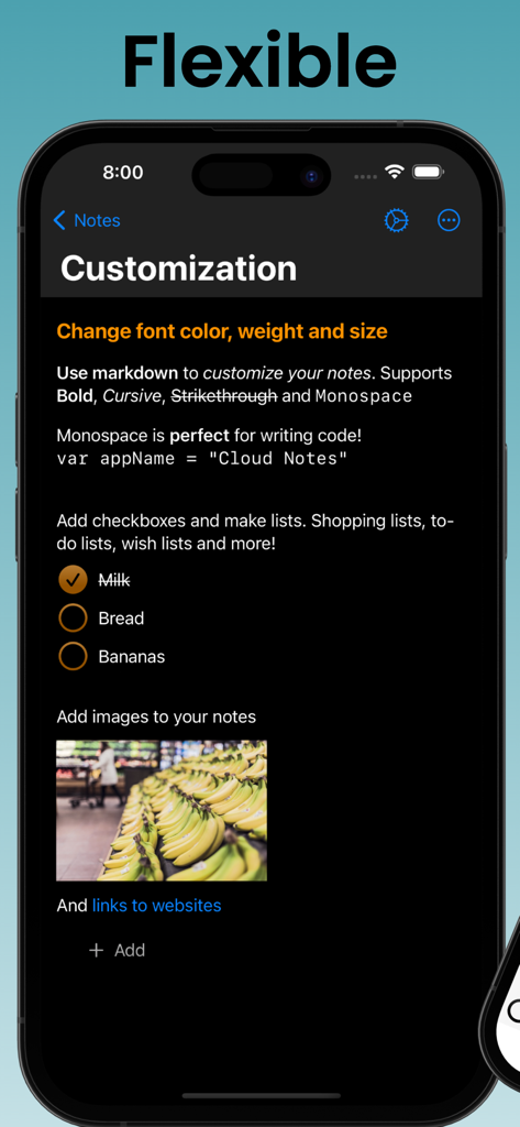 Cloud Notes: Notes and Lists - Captura de pantalla de un iPhone de la aplicación Cloud Notes que muestra formato markdown, listas de compras y imágenes incrustadas en una nota.