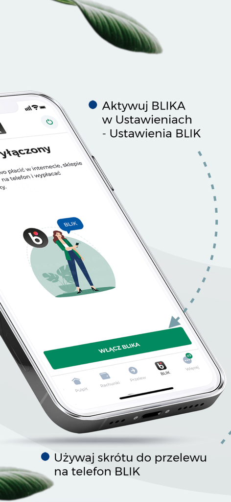 BOŚBank24 - A smartphone showing the BLIK activation screen in the BOSBank24 mobile banking application with instructions on how to enable the service