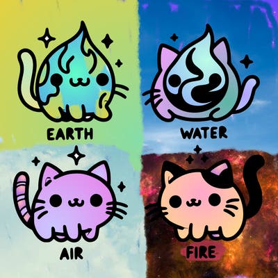 4 cats that represent the different elements, earth, water, air, and fire