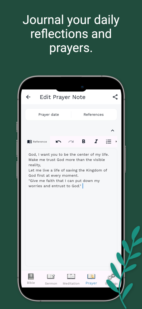 Bible Note - Sermon & Prayer - Interfaz de la aplicación Biblia Nota que muestra a un usuario escribiendo una nota de oración personalizada con herramientas de edición de texto enriquecido.