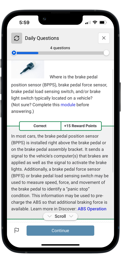 Today's Class - Today's Class app interface showing a correct answer for an automotive technical training question with reward points