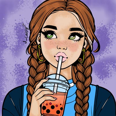 realistic girl with braided hair drinking boba