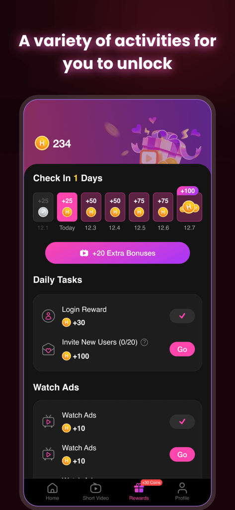 HeatShort - Interface of the HeatShort app showing daily check-in rewards and tasks to earn coins